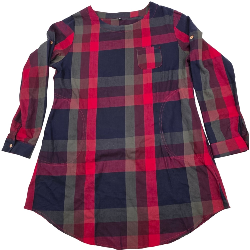 Retro Plaid Tunic Top WMN XL Red Navy Lng Sleeve Side Zip Pocket Academia Grunge